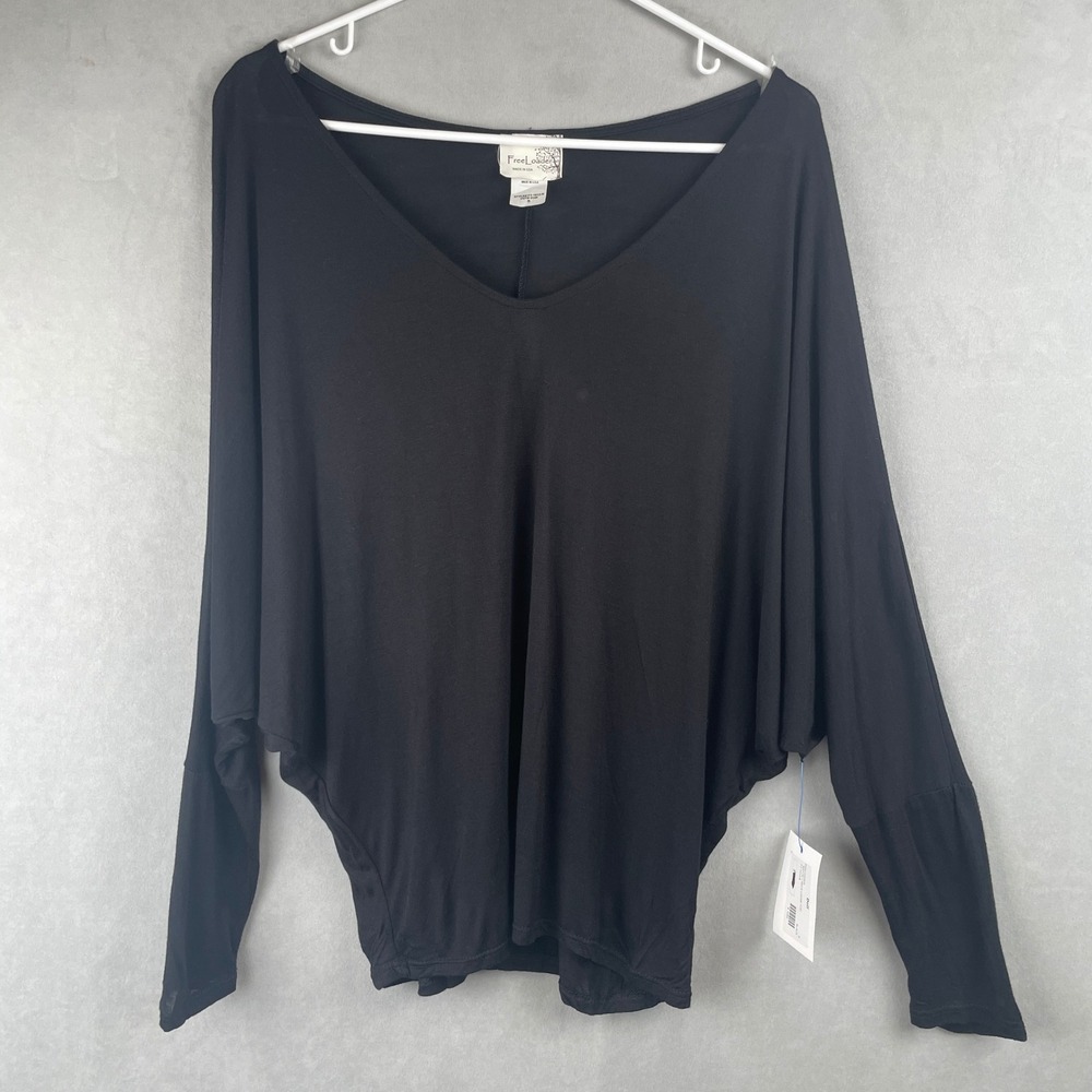 FreeLoader Wmns S Black Rayon V-Neck Loose Dolman Batwing Sleeve Top NEW USA